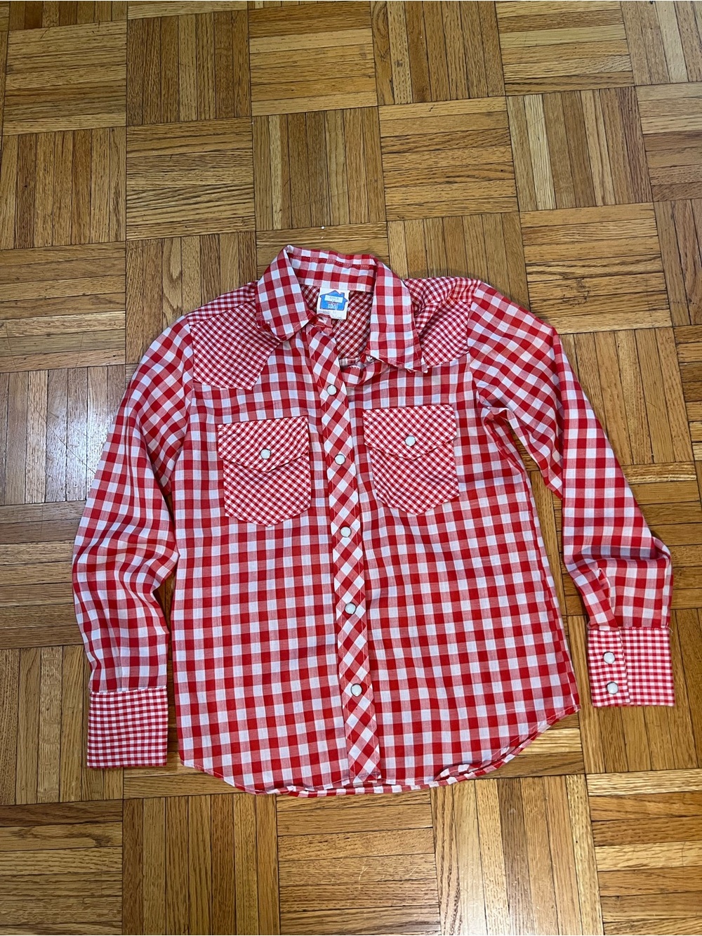 Vintage 70s Wrangler Red and White Gingham Girls Button-Up Shirt size 12 years